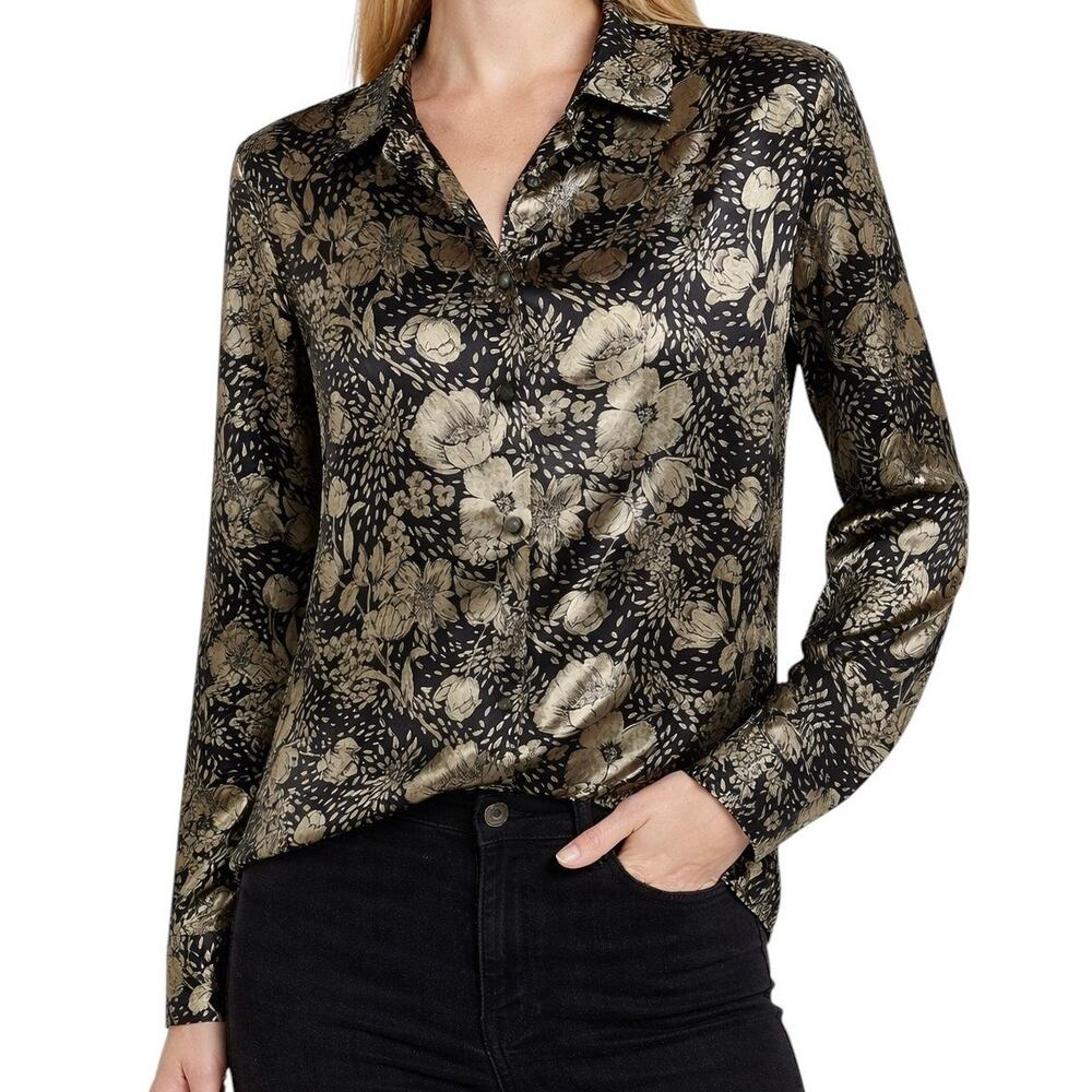 Vintage Silver Threads Floral Blouse Women Medium Black Gold Button Up Shirt